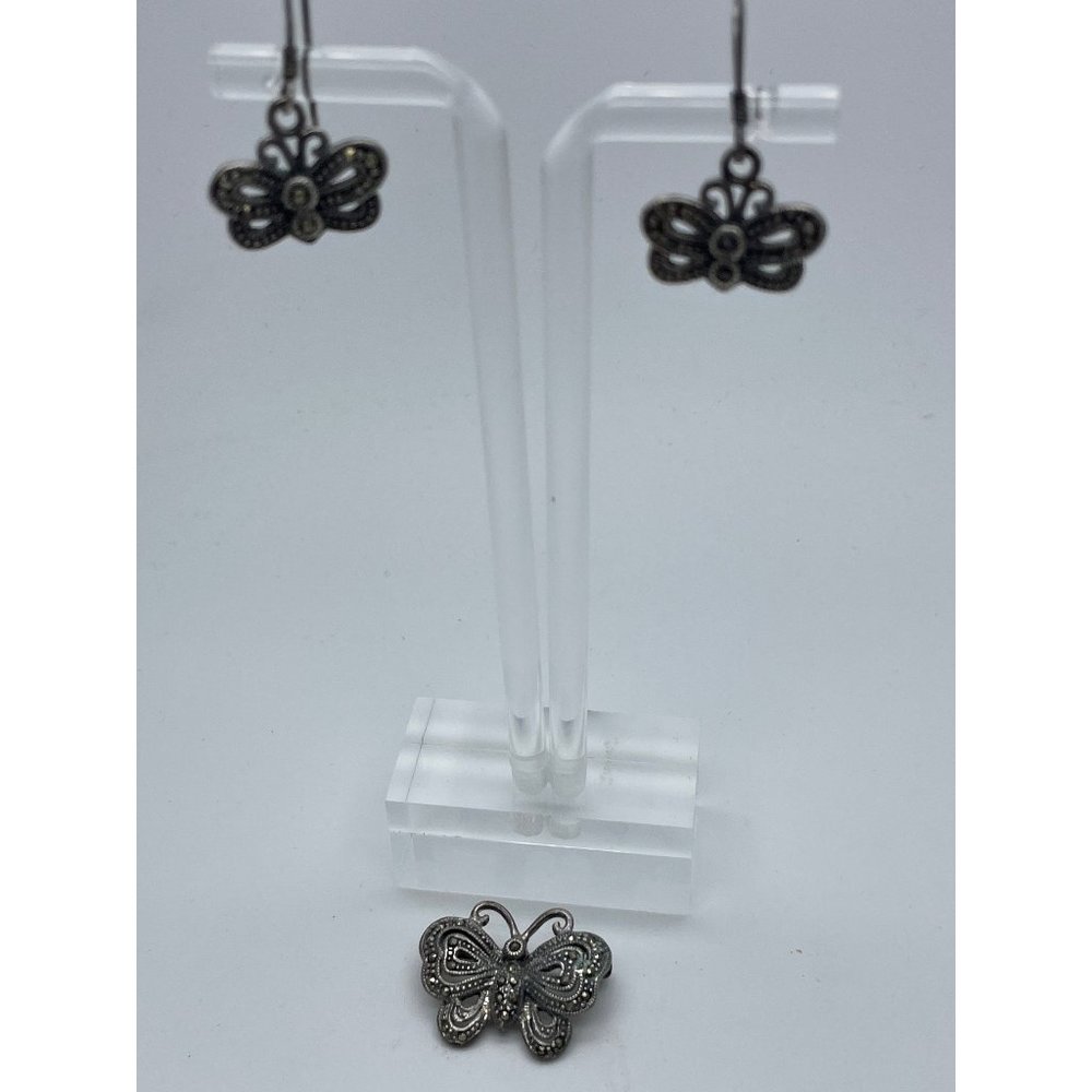 925 Sterling Silver Butterfly Earrings and Pin Set, Brooch, Silver Brooch